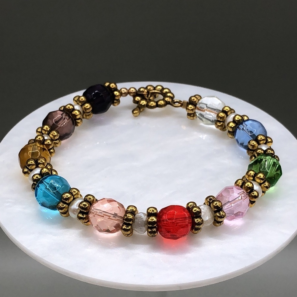 Artisan gold tone colorful vibrant glass bracelet toggle clasp boho